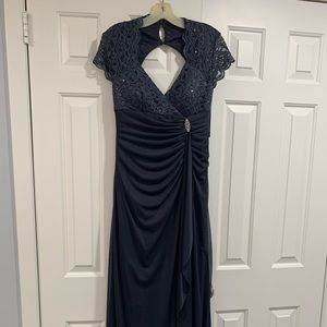 NWT pewter full-length, open back gown